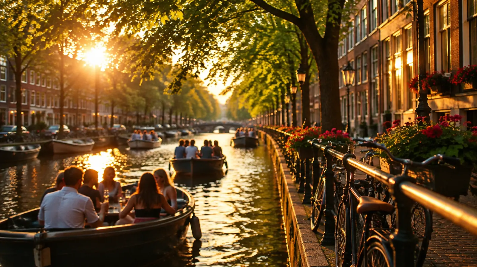 Boats and people with drinks on an Amsterdam canal on a summer evening