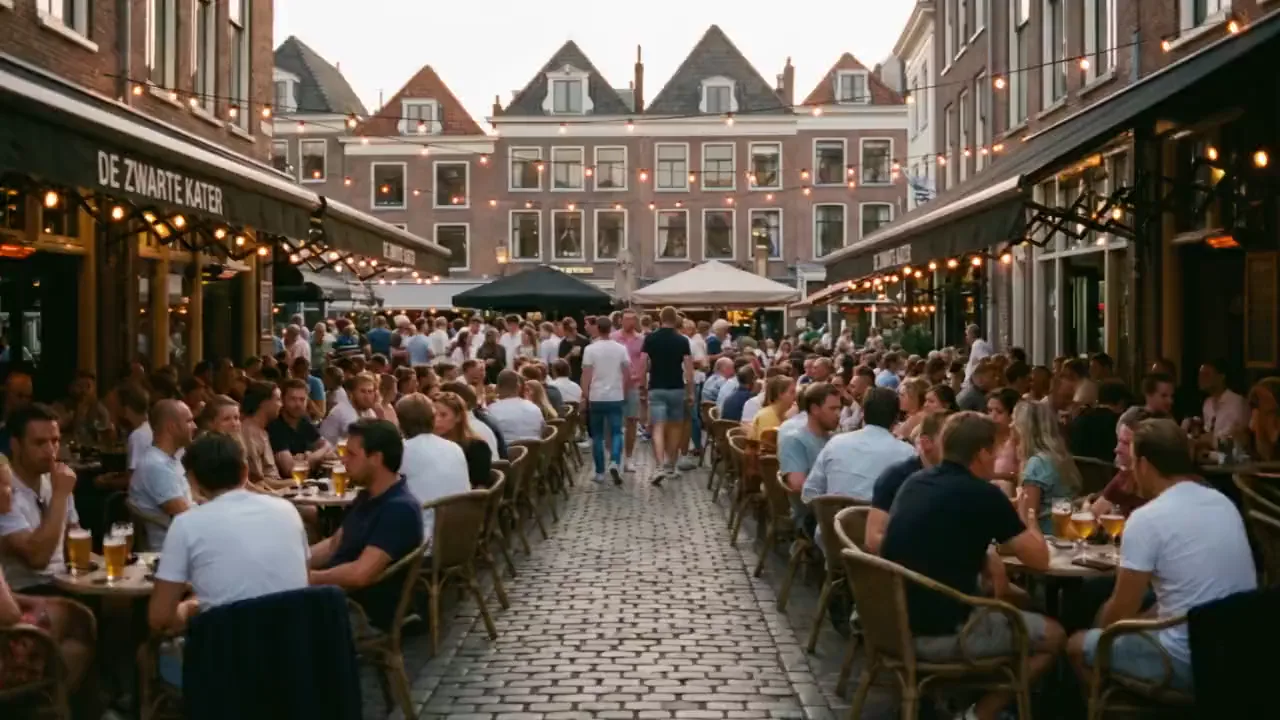 Busy terraces on the Korenmarkt in Arnhem on a summer evening
