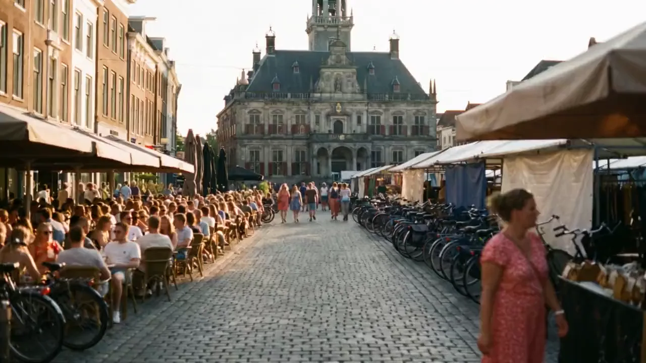 The Vismarkt in Groningen with terraces on a summer evening