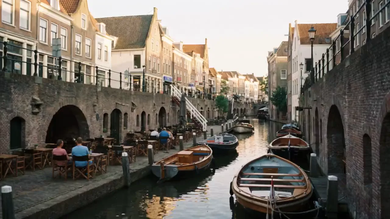 People with drinks on the wharf cellars along the Oudegracht in Utrecht on a summer evening